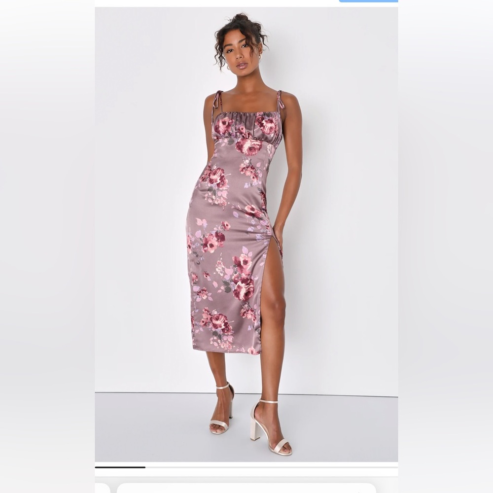 Lulu's Fleur-ty Behavior Mauve Floral Satin Tie-Strap Midi Dress